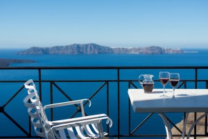 Santorini wine and caldera view